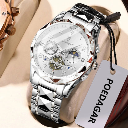 Poedagar 972 Men's Luxury Chronograph Quartz Watch – Stainless Steel Band, Waterproof, Luminous, Date