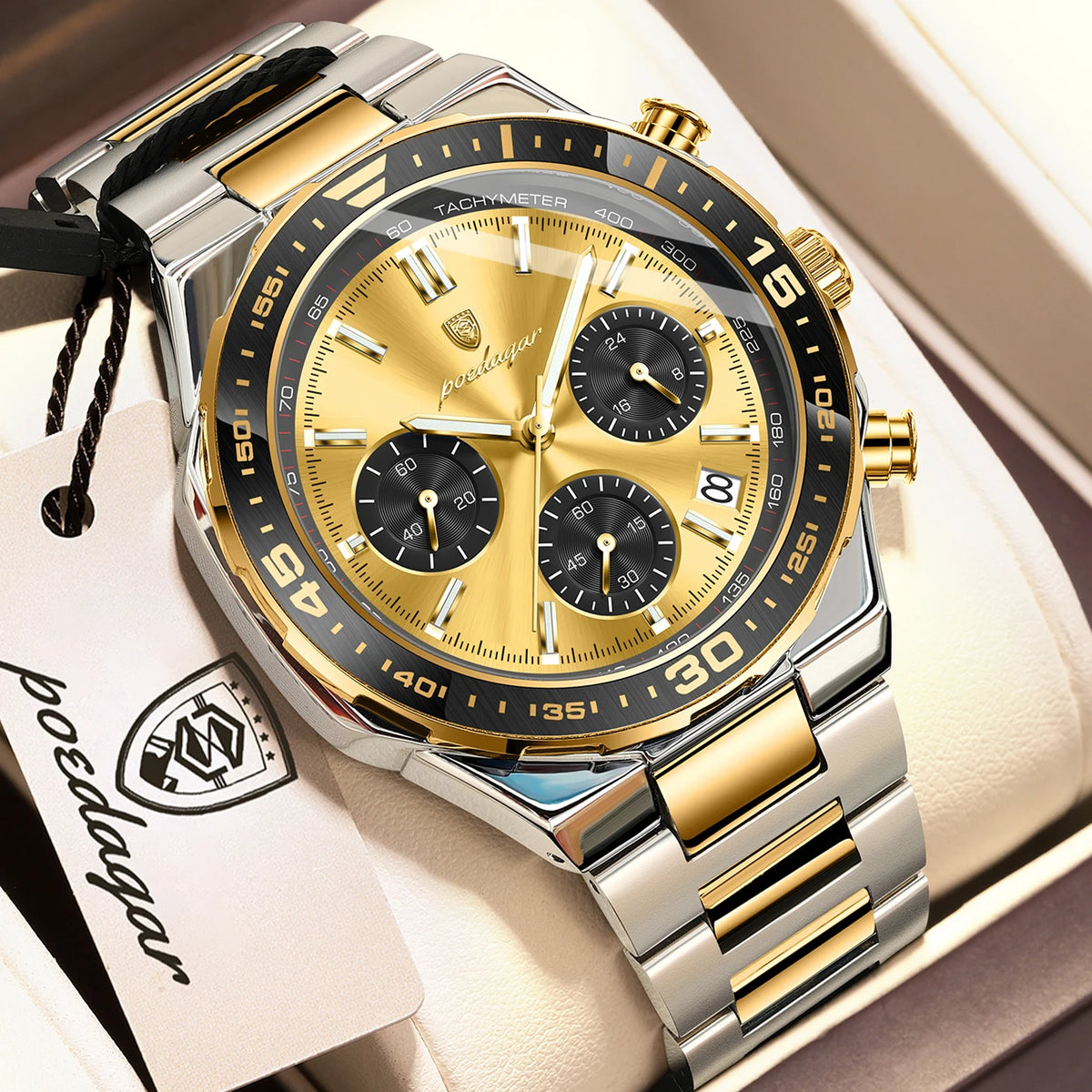 Poedagar 697 Men's Luxury Chronograph Quartz Watch – Stainless Steel Band, Waterproof, Luminous, Date