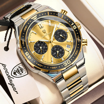 Poedagar 697 Men's Luxury Chronograph Quartz Watch – Stainless Steel Band, Waterproof, Luminous, Date