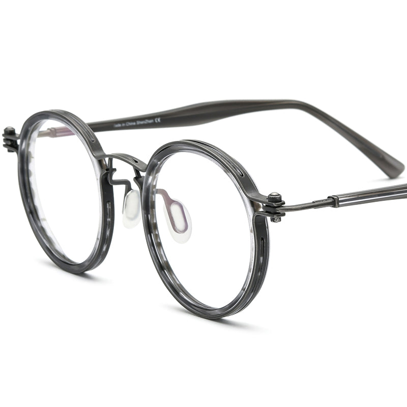 Acetate Titanium Round Optical Glasses Frame - Grey Stripe - MCROONS