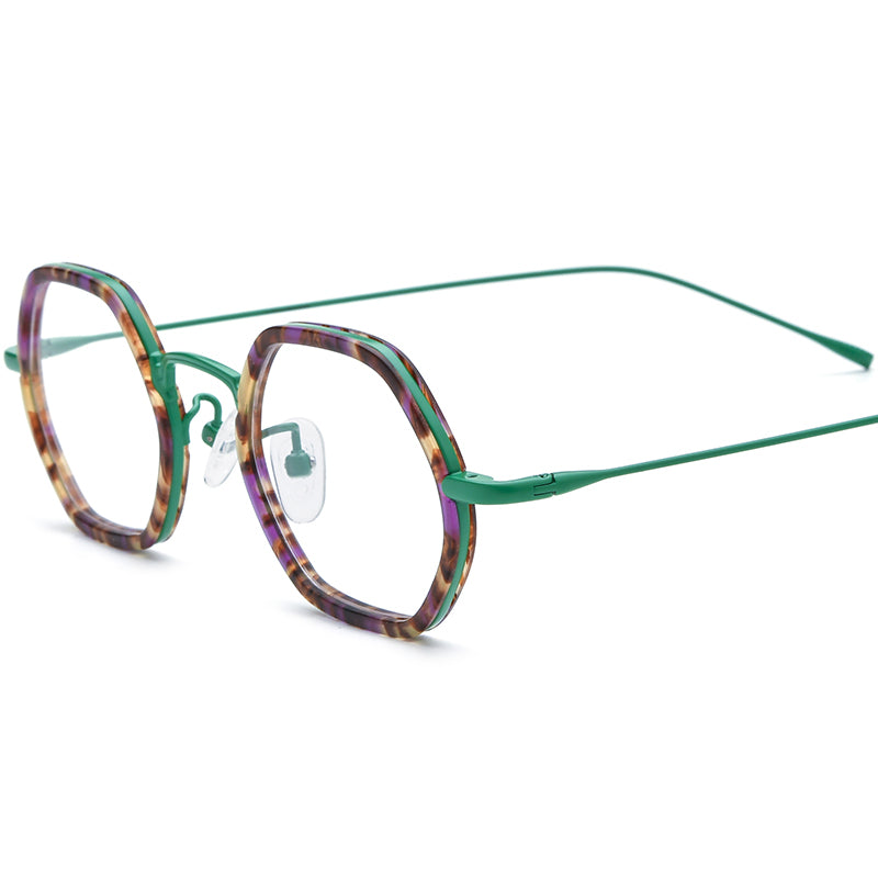 Retro Acetate Titanium Hexagon Optical Glasses - Green - MCROONS