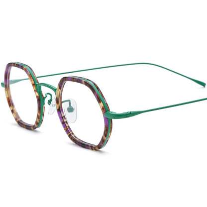 Retro Acetate Titanium Hexagon Optical Glasses - Green - MCROONS