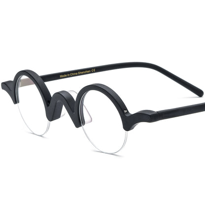 Retro Small Round Acetate Half-Rim Optical Glasses Frame - Matte Black - MCROONS