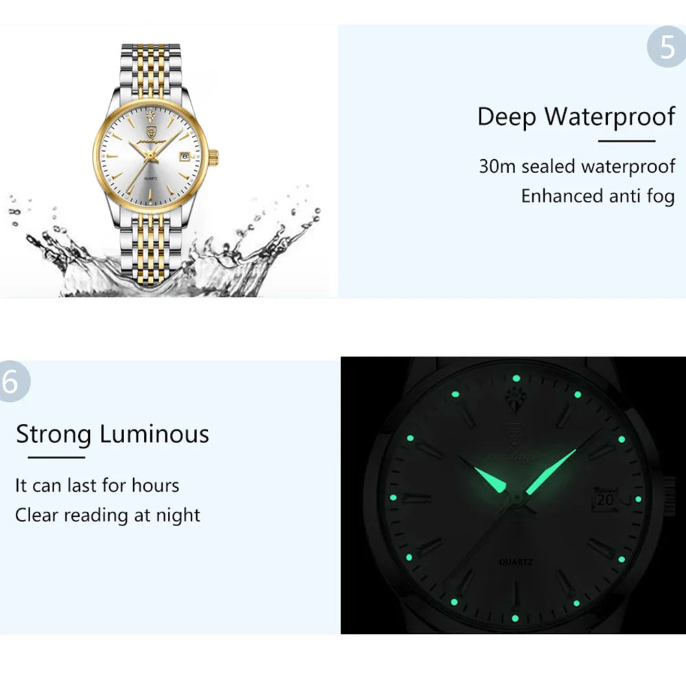 Poedagar 266 Women's Luxury Quartz Watch – Stainless Steel Band, Waterproof, Luminous, Date