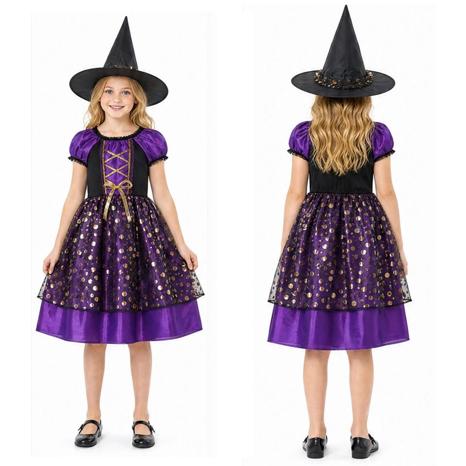 Girls' Purple Witch Dress - Kids Halloween Sorceress Costume Set with Pointed Hat