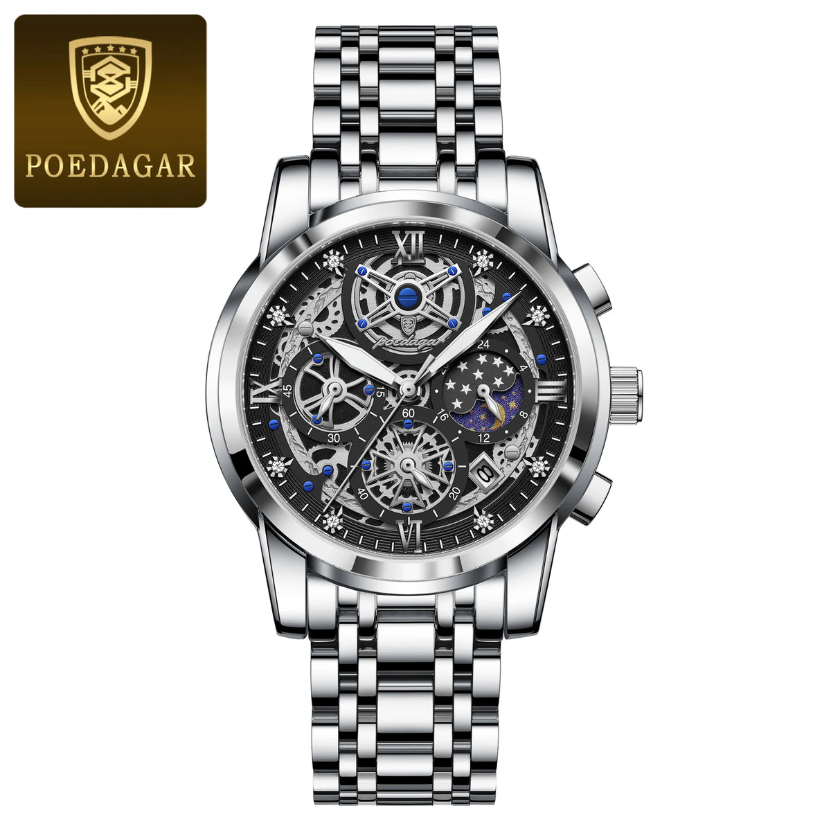 Poedagar 984 Men's Luxury Chronograph Quartz Watch – Stainless Steel Band, Waterproof, Luminous, Date
