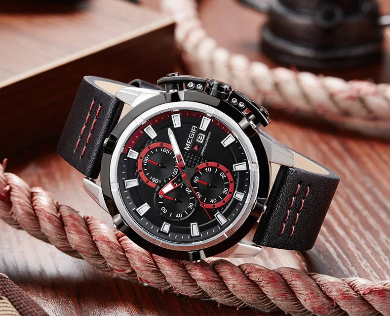 Megir Multifunctional Rolling Calendar Luminous Timing Racing Dashboard Men Fashionable Quartz Watch Cool Passionate