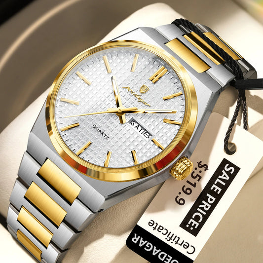 Poedagar 874 Men's Luxury Quartz Watch – Stainless Steel Band, Waterproof, Luminous, Date