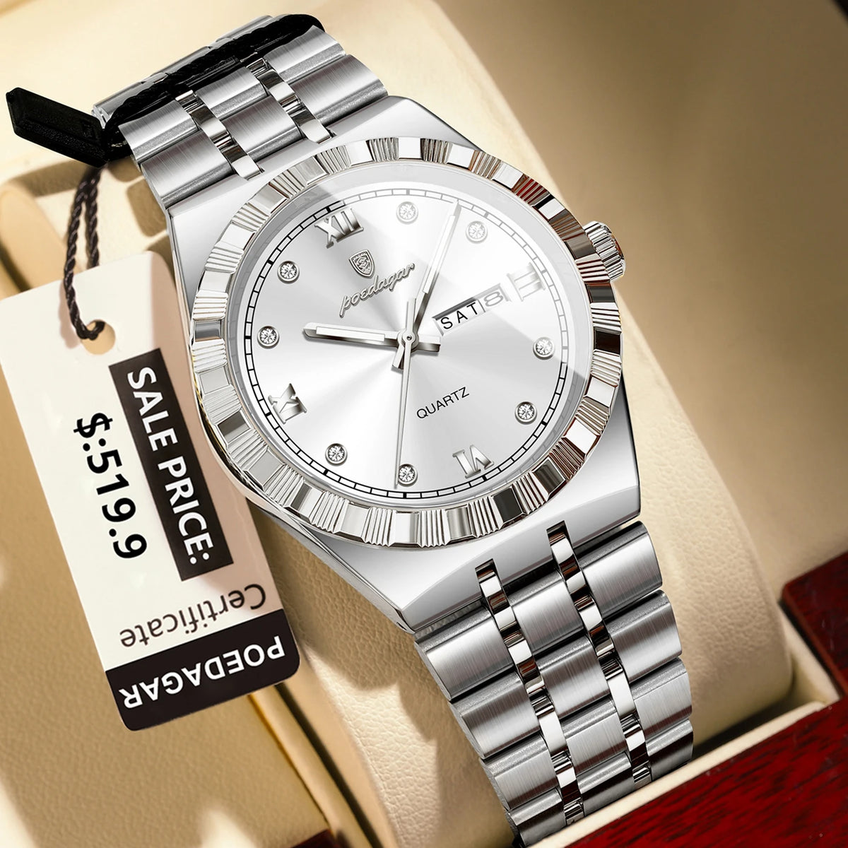 Poedagar 872 Men's Luxury Quartz Watch – Stainless Steel Band, Waterproof, Luminous, Date