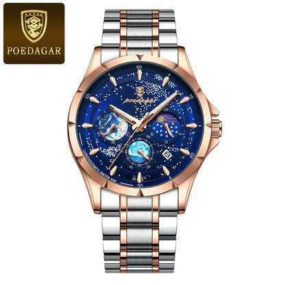 Poedagar 916 Men's Luxury Quartz Watch – Stainless Steel Band, Waterproof, Luminous, Date