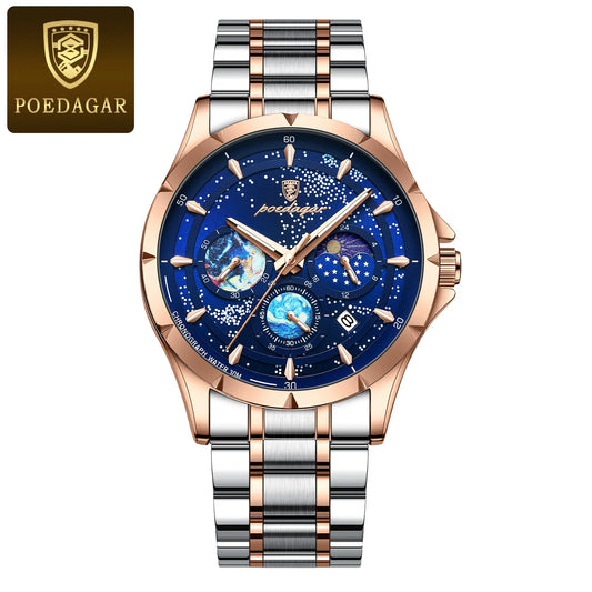 Poedagar 916 Men's Luxury Quartz Watch – Stainless Steel Band, Waterproof, Luminous, Date
