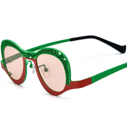 Colourful Titanium Small Cat Eye Polarised Sunglasses - Red Green Pink Lens - MCROONS