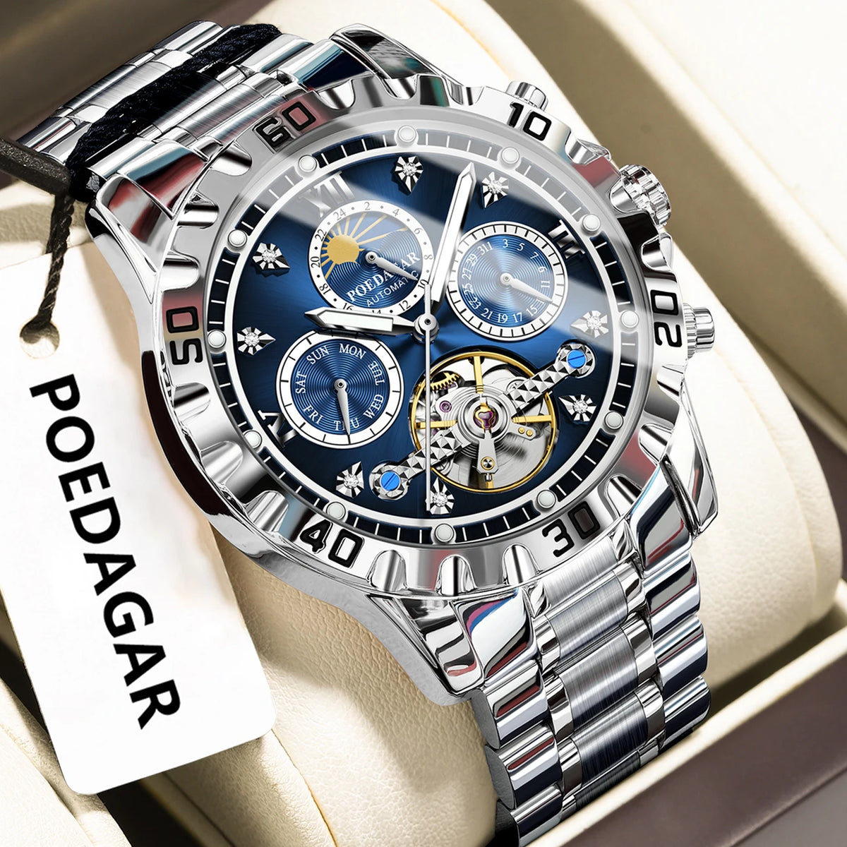Poedagar 1423 Men's Luxury Automatic Mechanical Watch – Stainless Steel Band, Waterproof, Luminous, Date
