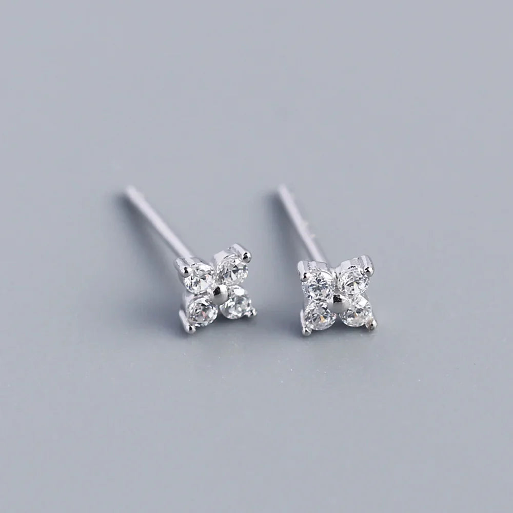 KR Simple Diamond S925 Silver INS Four Leaf Flower Earrings Sweet and Small Colorful Flower Earrings