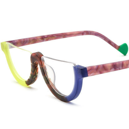 Retro Half-Round Acetate Semi-Rimless Optical Glasses Frame - Yellow Blue - MCROONS