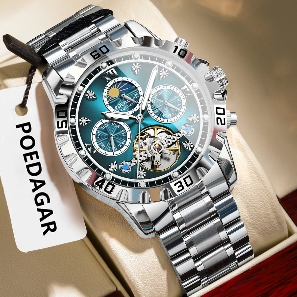 Poedagar 1423 Men's Luxury Automatic Mechanical Watch – Stainless Steel Band, Waterproof, Luminous, Date