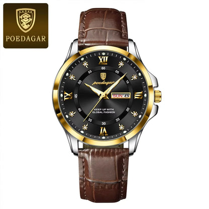 Poedagar 855 Men's Luxury Quartz Watch – Leather Strap, Waterproof, Luminous, Date