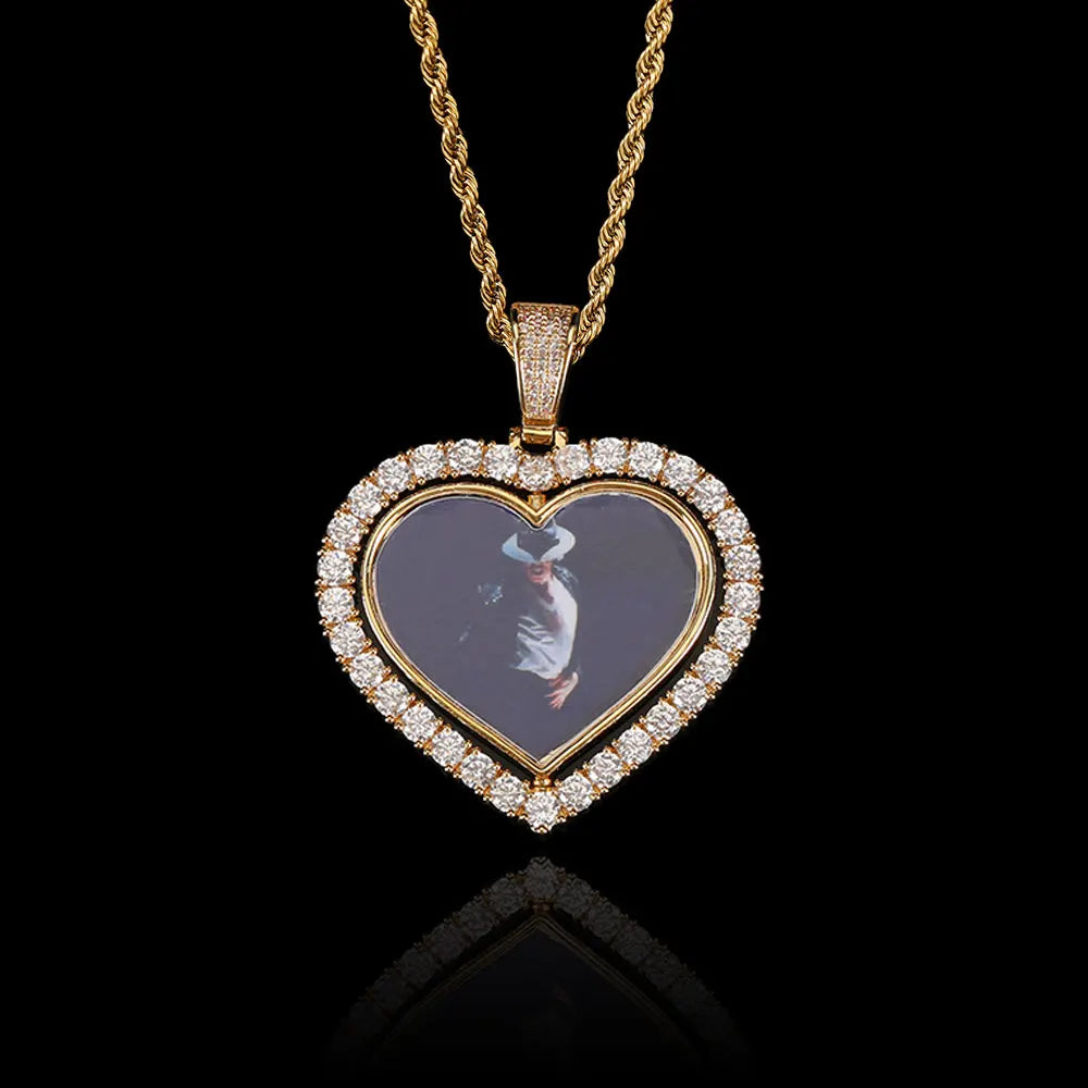 NUOYA Iced Out Diamond Memory Photo Pendant Hip Hop Jewelry Custom Rotating Heart Photo Pendant Picture Necklace
