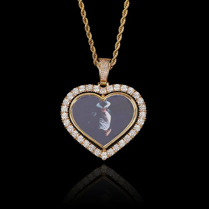 NUOYA Iced Out Diamond Memory Photo Pendant Hip Hop Jewelry Custom Rotating Heart Photo Pendant Picture Necklace