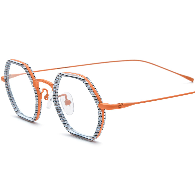 Retro Acetate Titanium Hexagon Optical Glasses - Orange - MCROONS