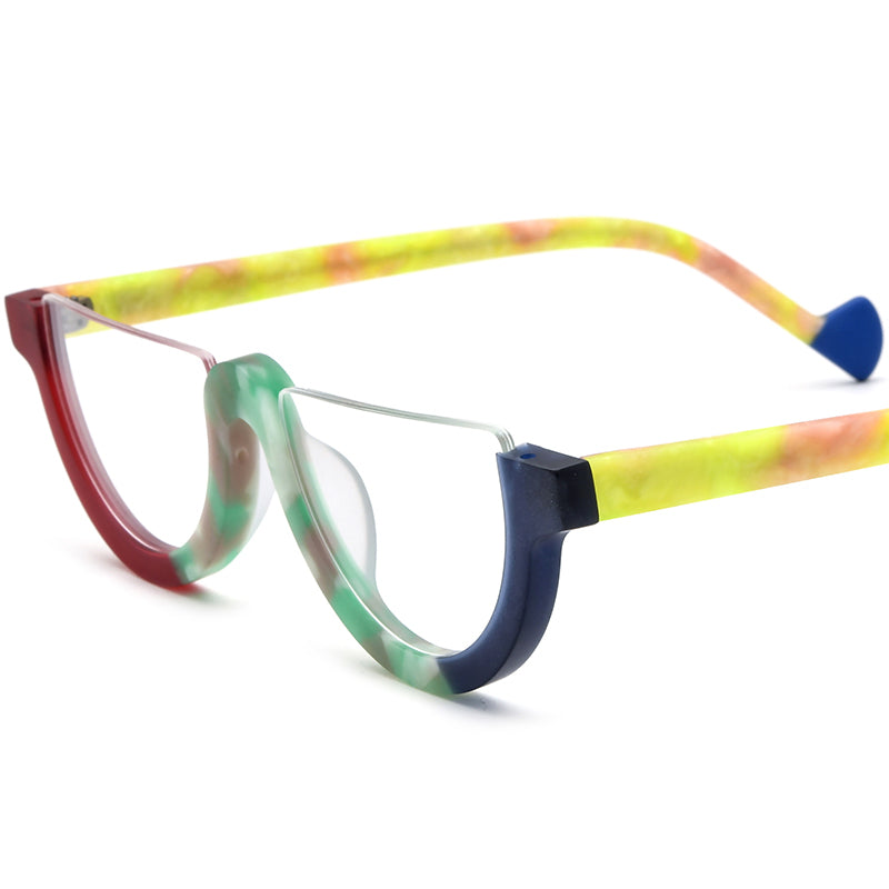 Retro Half-Round Acetate Semi-Rimless Optical Glasses Frame - Red Blue - MCROONS