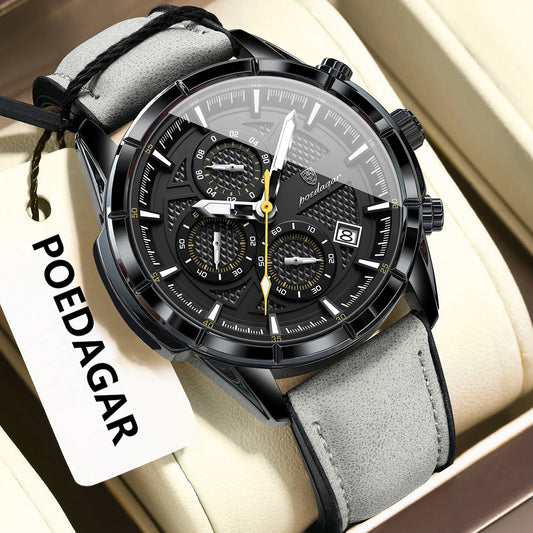 Poedagar 692 Men's Luxury Chronograph Quartz Watch – Leather Strap, Waterproof, Luminous, Date
