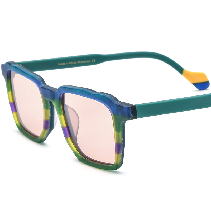 Vintage Multicolour Square Matte Acetate Polarized Mirrored Sunglasses UV400 - Matte Sky Blue Green Lens - MCROONS
