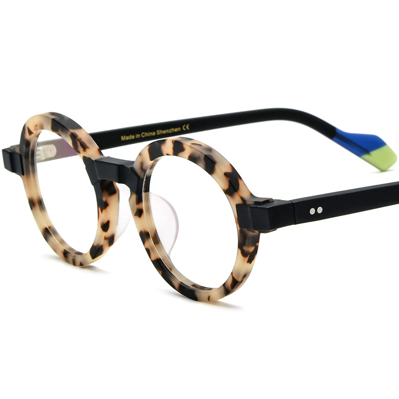 Colourblock Round Acetate Optical Glasses Frame - Matte Grey Leopard - MCROONS