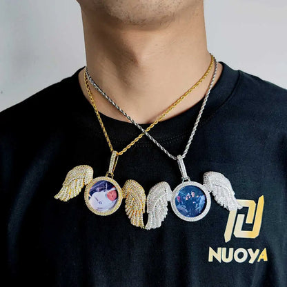 NUOYA Hip Hop Memorial Custom Photo Pendant Gold Photo with Big Angel Wings Pendants Trays Picture Necklaces