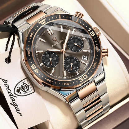 Poedagar 697 Men's Luxury Chronograph Quartz Watch – Stainless Steel Band, Waterproof, Luminous, Date
