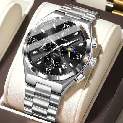 Poedagar 688 Men's Luxury Chronograph Quartz Watch – Stainless Steel Band, Waterproof, Luminous, Date