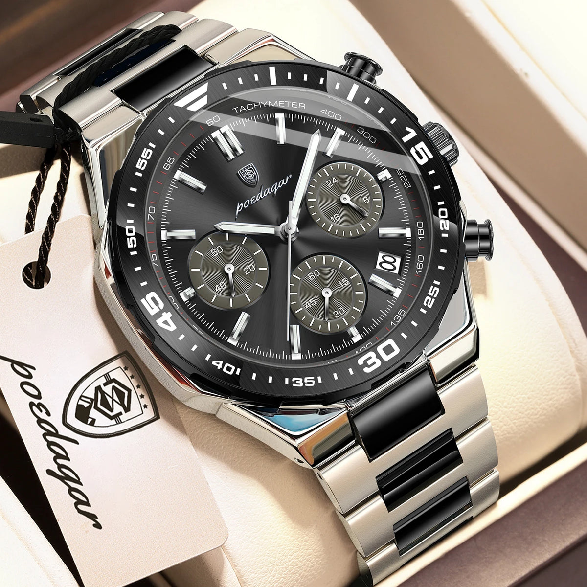 Poedagar 697 Men's Luxury Chronograph Quartz Watch – Stainless Steel Band, Waterproof, Luminous, Date