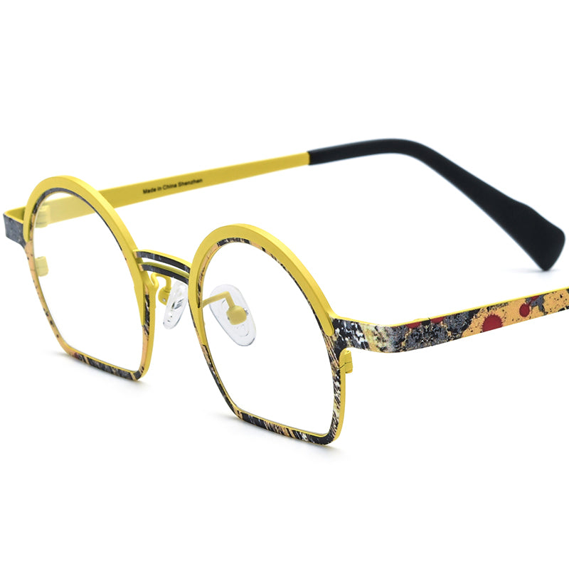 Multicolour Print Titanium Round Optical Glasses Frame - Yellow - MCROONS