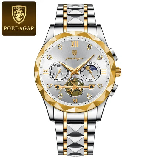 Poedagar 996 Men's Luxury Chronograph Quartz Watch – Stainless Steel Band, Waterproof, Luminous, Date
