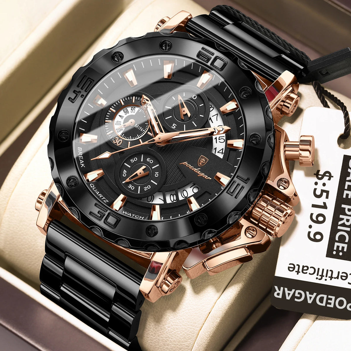 Poedagar 892 Men's Luxury Chronograph Quartz Watch – Stainless Steel Band, Waterproof, Luminous, Date