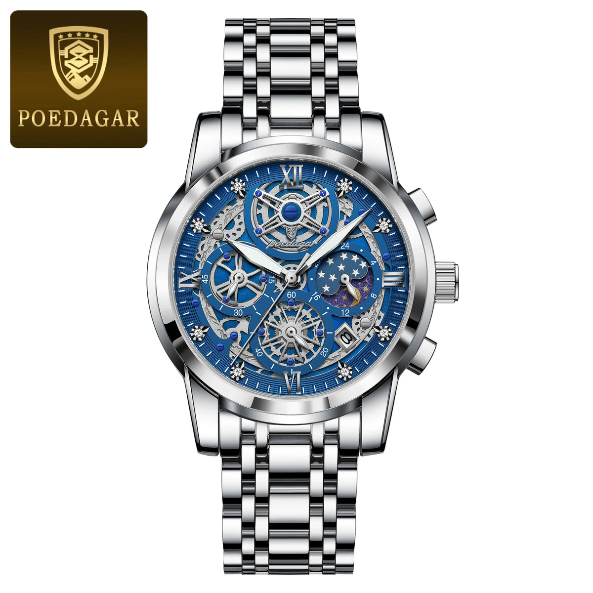 Poedagar 984 Men's Luxury Chronograph Quartz Watch – Stainless Steel Band, Waterproof, Luminous, Date