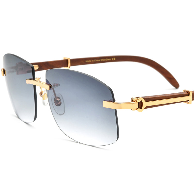 Rimless Square Wood Sunglasses Grey Tint - Wood Grey - MCROONS