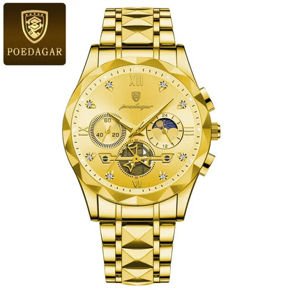 Poedagar 996 Men's Luxury Chronograph Quartz Watch – Stainless Steel Band, Waterproof, Luminous, Date