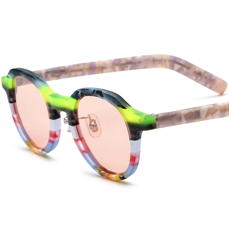Vintage Oval Matte Acetate Polarized Sunglasses UV400 - Green Stripe Pink Lens - MCROONS