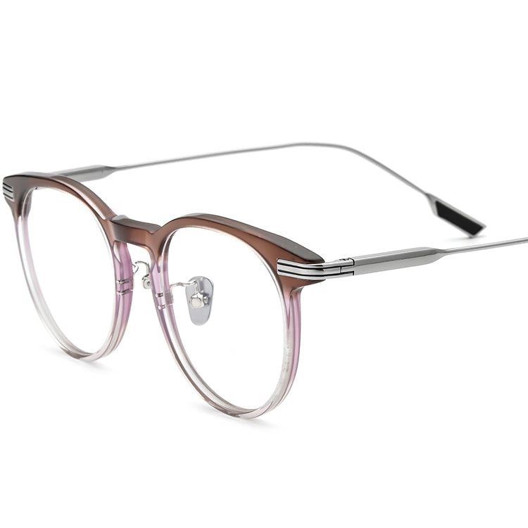 Two-Tone Acetate Titanium Round Glasses Frame - Brown - MCROONS