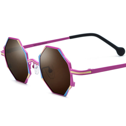 Colourful Titanium Octagon Sunglasses Polarized - Purple Brown Lens - MCROONS