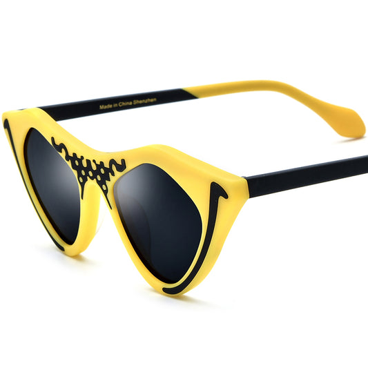 Matte Acetate Cat Eye Polarized Sunglasses Retro - Yellow Grey Lens - MCROONS