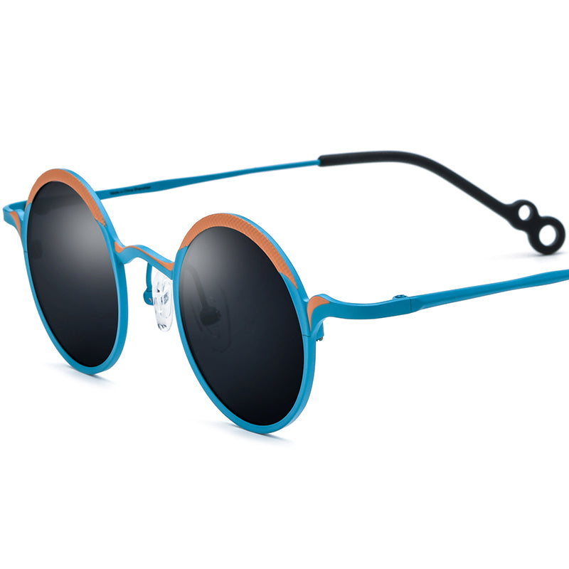 Colourful Titanium Round Polarised Sunglasses Retro - Orange Blue Grey Lens - MCROONS