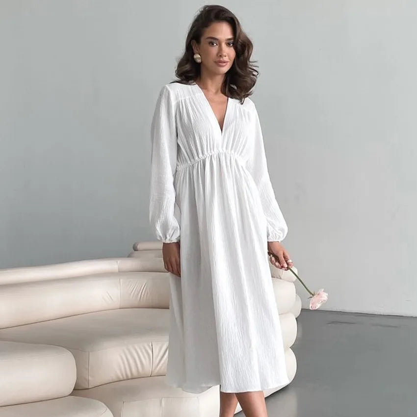 Boutique Women's A-Line Midi Dresses Fall Spring Sexy Loose Casual Puff Sleeve V Neck Solid