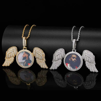 NUOYA Hip Hop Memorial Custom Photo Pendant Gold Photo with Big Angel Wings Pendants Trays Picture Necklaces