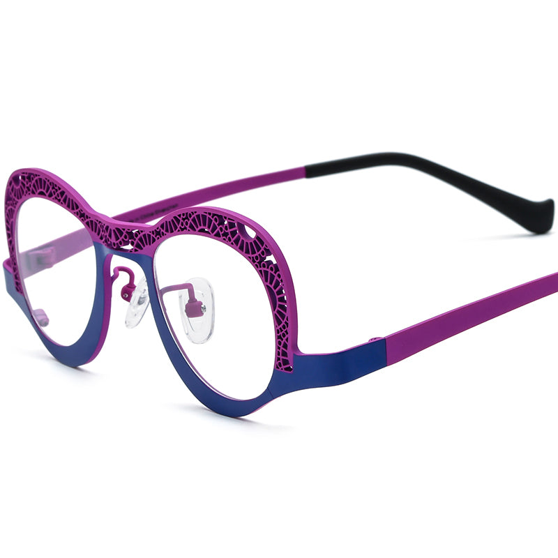 Matte Titanium Small Cat Eye Optical Glasses Hollow-Out - Matte Blue Purple - MCROONS