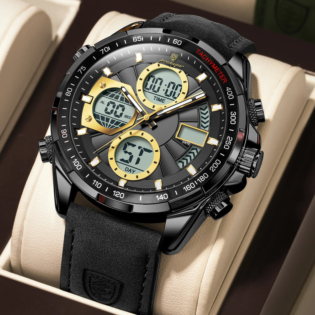 Poedagar E108 Men's Luxury Chronograph Quartz Watch – Leather Strap, Waterproof, Luminous, Date