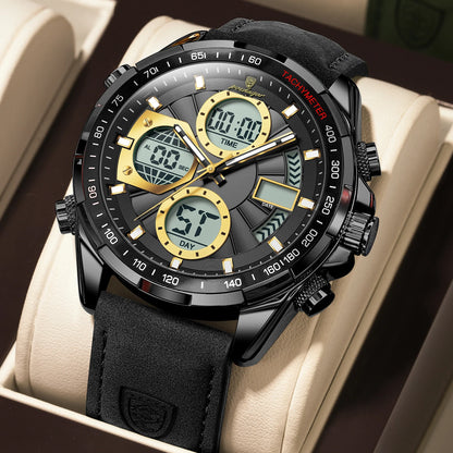 Poedagar E108 Men's Luxury Chronograph Quartz Watch – Leather Strap, Waterproof, Luminous, Date