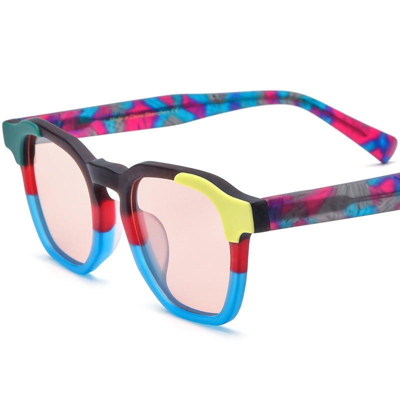 Vintage Multicolour Square Matte Acetate Polarized Sunglasses UV400 - Matte Blue Pink Lens - MCROONS