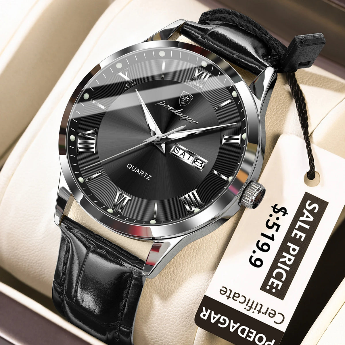 Poedagar 978 Men's Luxury Quartz Watch – Leather Strap, Waterproof, Luminous, Date